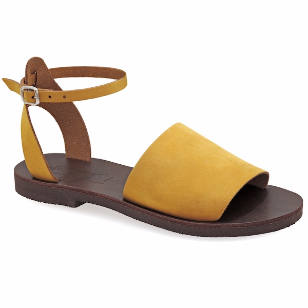 Greek Style Sandals Quality Leather Open Toe Summer Shoes for Women - Adjustable Buckle Boho Ankle Cuff Mustard Yellow Flat Sandal