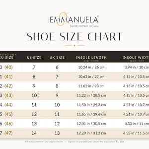 May include: A shoe size chart with the brand name "Emmanuela" at the top. The chart displays EU, US, and UK sizes, along with approximate insole length in inches and centimeters, and insole width in inches and centimeters.