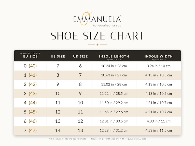 May include: A shoe size chart with the brand name "Emmanuela" at the top. The chart displays EU, US, and UK sizes, along with approximate insole length in inches and centimeters, and insole width in inches and centimeters.
