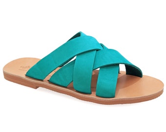 Turquoise Leather Sandals Classy Greek Sandals Open Toe Strappy Flat Sandals Slide Sandals Women Boho Dressy Summer Shoes Slider Mules