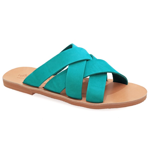 Sandales en cuir turquoise élégantes sandales grecques à bout ouvert sandales plates à lanières sandales à glissière femmes bohème habillé chaussures d'été mules