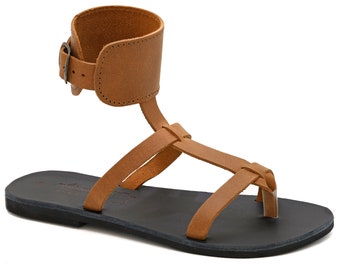 Ancient Greek Leather Ankle Cuff Sandals: Brown Strappy Boho Shoes