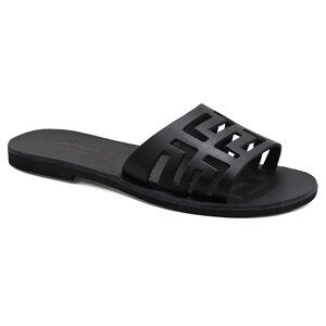 Black Leather Sandals with Meanders Classy Ancient Greek Sandals Strappy Flat Slide Sandals for Women Boho Dressy Summer Shoe Sliders