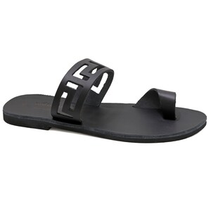 Black Leather Toe Ring Sandals with Meanders Classy Ancient Greek Sandals Strappy Flat Slide Sandals for Women Dressy Mules Summer Shoes