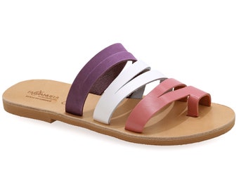 White Lilac Pink Leather Sandals Classy Greek Toe Ring Sandals Strappy Flat Sandals Slide Sandals Women Dressy Summer Shoes Slider Mules