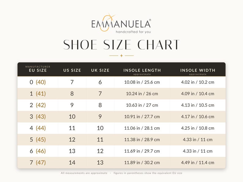 May include: A shoe size chart with the brand name "Emmanuela" at the top. The chart includes EU, US, and UK sizes, along with approximate insole length in inches and centimeters, and insole width in inches and centimeters.