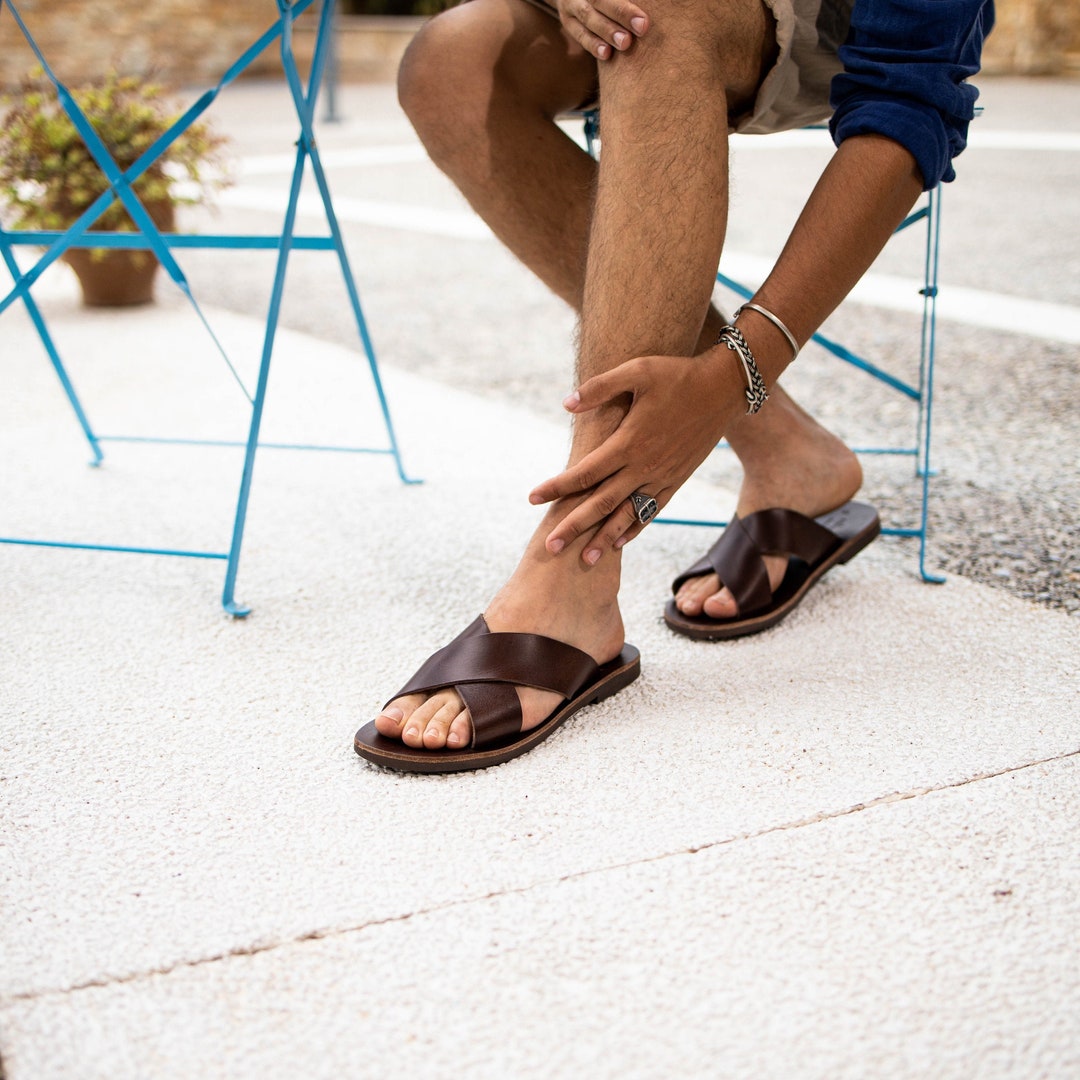 brown cross strap sandals