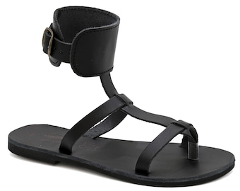 Greek Leather Gladiator Sandals: Black Ankle Cuff Summer Shoes