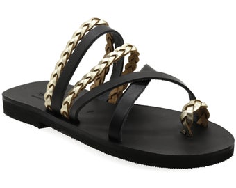 Greek Style Sandals with braided Gold parts Quality Leather Toe Ring Flat Sandals Slide on Black Summer Shoes for Women Boho Slider Sandal