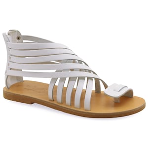 Sandales gladiateur en cuir noir, sandales grecques antiques avec fermetures à glissière sandales à lanières à la cheville, chaussures d'été White