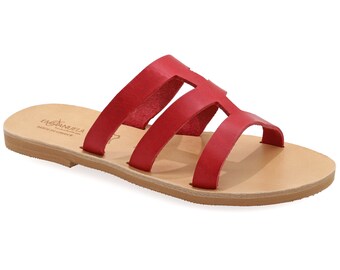 Sandalias griegas de cuero con tiras, sandalias de verano color coral