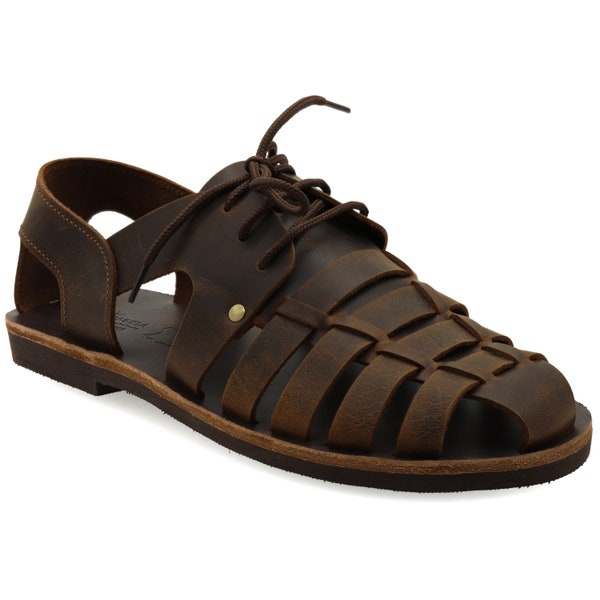 Sandales de pêcheur en cuir marron foncé pour hommes avec lacets, chaussures d'été grecques pour hommes, sandales à lacets pour hommes, sandales à lanières de qualité, cadeau