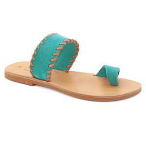 Contrast Stich Turquoise Suede Leather Toe Ring Sandals Classy Greek Sandals Strappy Flat Slide Sandals Women Summer Shoes Dressy Mules