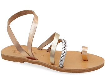Sandalias de estilo griego antiguo con anillo en el dedo del pie de cuero, sandalias planas de alta calidad con correa en el tobillo, zapatos de verano bohemios de plata y oro rosa para mujer