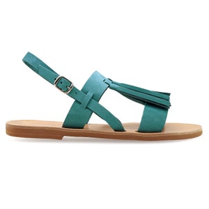 May include: Teal leather sandals with a flat sole. The sandals have a T-strap design, a buckle fastening, and a decorative tassel. The footbed is light brown.