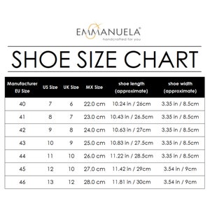 May include: A shoe size chart with the brand name "EMMANUELA" at the top. The chart includes EU, US, UK, and MX sizes, along with approximate shoe length in inches and centimeters, and shoe width in inches.
