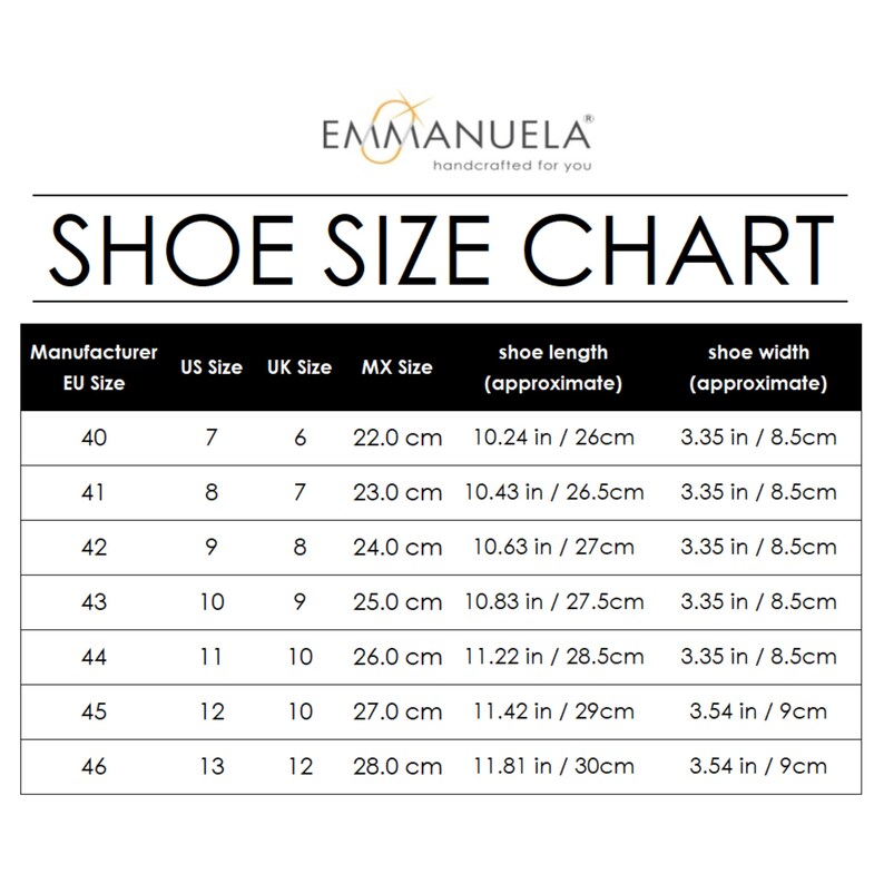 May include: A shoe size chart with the brand name "EMMANUELA" at the top. The chart includes EU, US, UK, and MX sizes, along with approximate shoe length in inches and centimeters, and shoe width in inches.