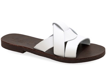 White Leather Sandals Classy Greek Sandals Open Toe Strappy Flat Sandals Slide Sandals Women White Dressy Summer Shoes Slider Mules