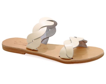 Off White Leather Greek Sandals Classy Slide on Summer Shoes for Women Open Toe Sliders Flat Strappy Sandals Boho Chic Mules handmade gift