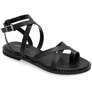 Comfortable Black Leather Flat Toe Ring Sandals Classy Cushioned Greek Ankle Strap Dressy Sandals Gladiator Boho Buckle Cross Strap Sandals