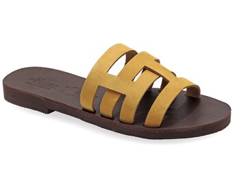 Mustard Yellow Leather Sandals Classy Greek Sandals Open Toe Strappy Flat Sandals Slide Sandals Women Dressy Summer Shoes Slider Mules