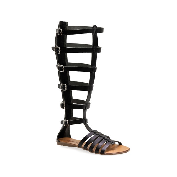 Stivali di sandalo in pelle alti fino al ginocchio, cerniere posteriori di sandali piatti greci antichi, sandali gladiatori Xena con 6 cinturini con fibbia, sandali con cinturino romano