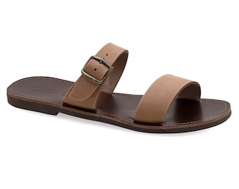 Brown Suede Leather Sandals for Men Men's Open Toe Sandals with Buckle Gladiator Slide on Greek Strappy Summer Shoes for Men Gift for men