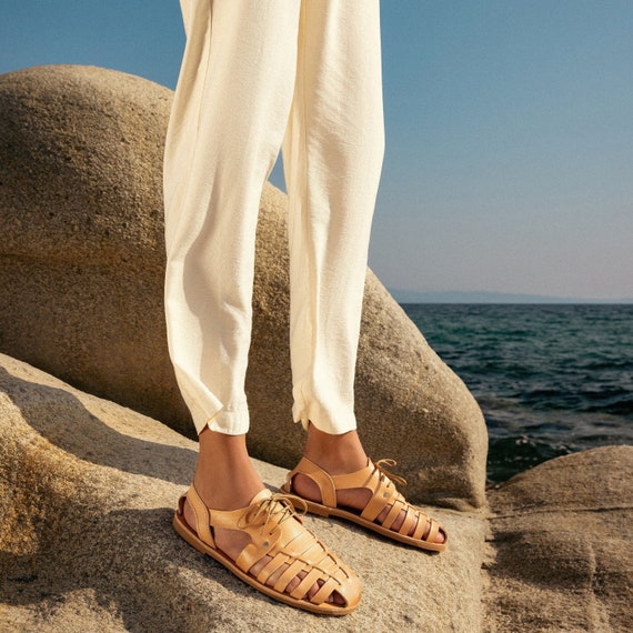 Women Fisherman Beige Leather Sandals With Laces Greek Summer