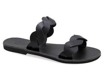 Greek Black Leather Sandals Classy Slide on Summer Shoes for Women Open Toe Sliders Flat Strappy Sandals Boho Chic Mules Black Slides