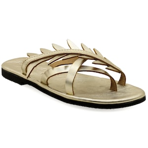 Gold Leather Olive Leaf Sandals: Ancient Greek Style Summer Shoes