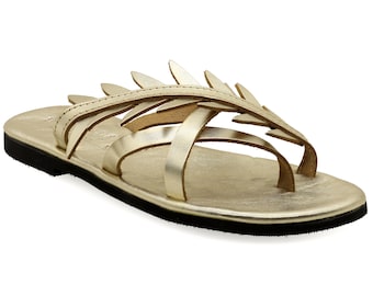 Gold Leather Olive Leaf Sandals: Ancient Greek Style Summer Shoes