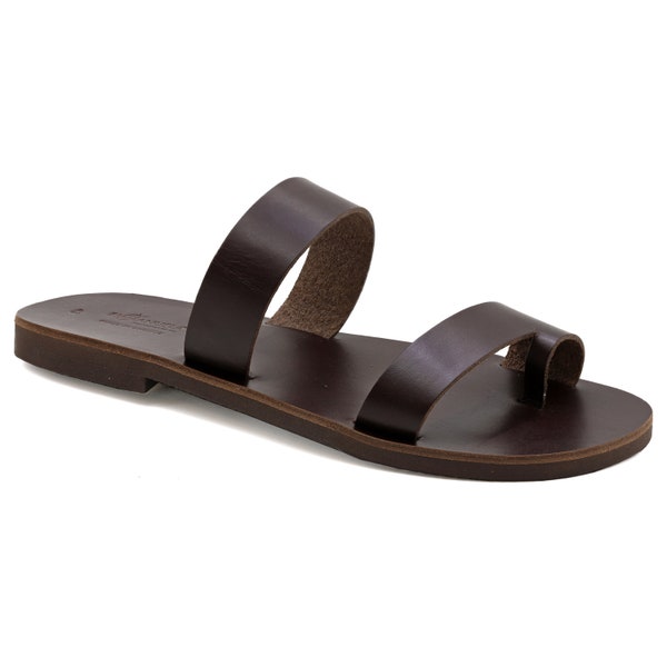 Dark Brown Leather Toe Ring Sandals for Men Greek Strappy Slide Sandals Men's Open Toe Summer Shoes for Men Slider Sandals Gladiator sandals