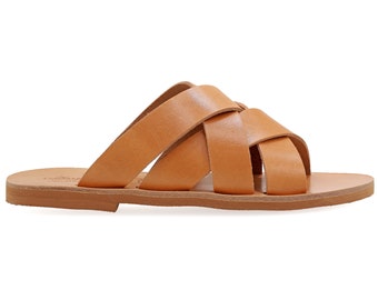 Ancient Greek Style Sandals Leather Open Toe Cross Strap Flat Sandals Quality Natural Slide on Summer Shoes for Women Boho Sliders