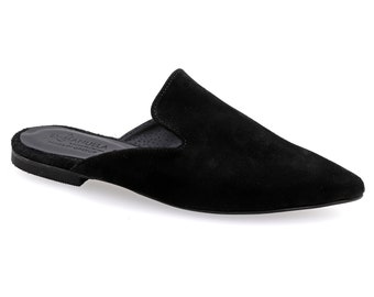 Black Suede Leather Pointy Mule Quality Flat Slip on Loafers Women Comfortable Summer Shoes everyday Black Leather Moroccan Style Sliders