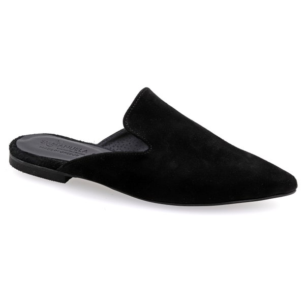 Black Suede Leather Pointy Mule Quality Flat Slip on Loafers Women Comfortable Summer Shoes everyday Black Leather Moroccan Style Sliders