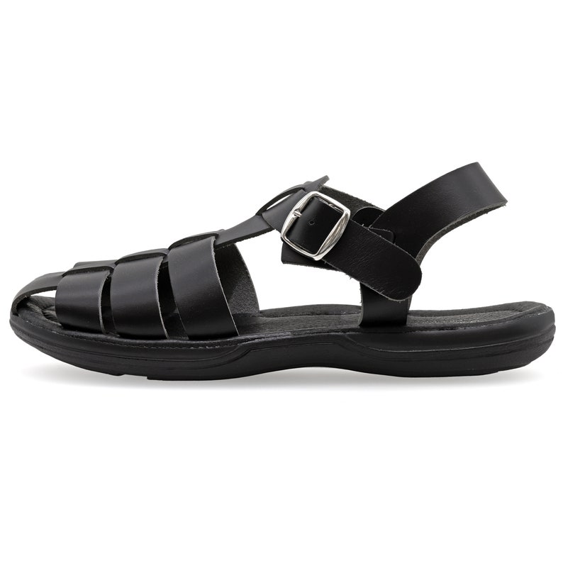 May include: Black leather sandal with a woven upper design and a buckle closure. The sandal has a thick sole and an adjustable ankle strap. The sandal is designed for comfort and durability.