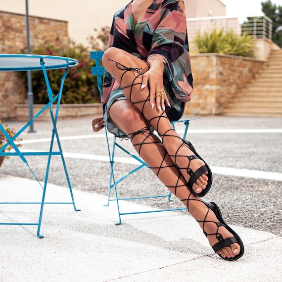 Buy Gladiator Leather Sandals for Women, Flat Lace up Sandals, Black Thong Sandals  Online in India - Etsy