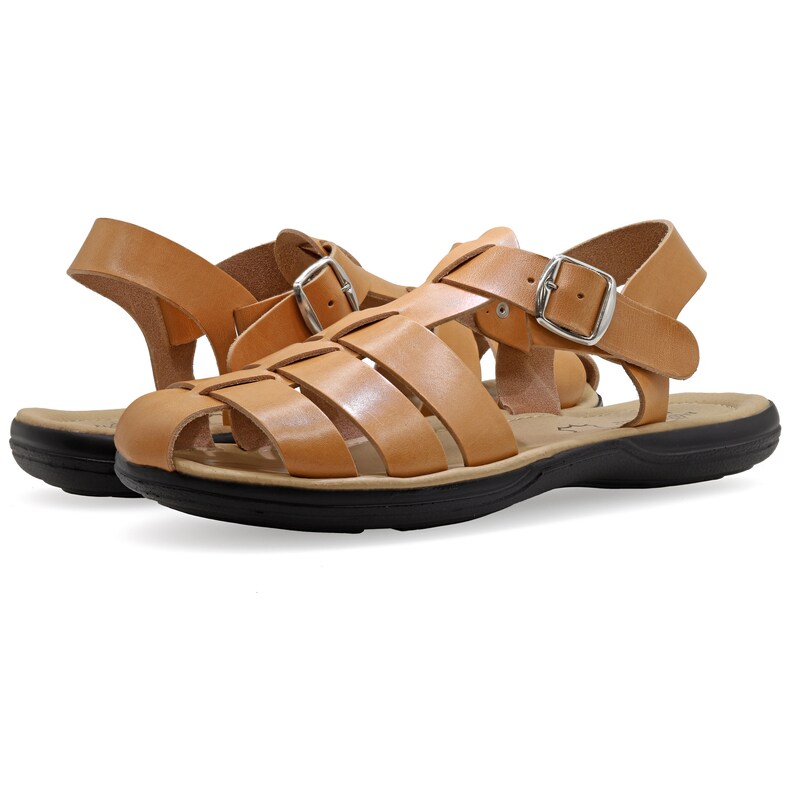 May include: Tan leather sandals with a cage-like design and adjustable buckle straps. The sandals have a black sole and a cushioned insole. The open-toe design and neutral color make them suitable for various outfits.
