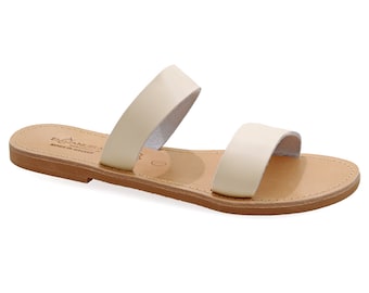 Greek Off White Leather Sandals Classy Slide on Summer Shoes for Women Open Toe Sliders Flat Strappy Sandals Boho Chic Mules White Slides