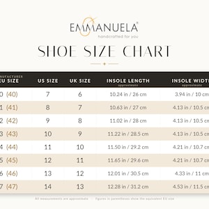 May include: A shoe size chart with the brand name "Emmanuela" at the top. The chart includes EU, US, and UK sizes, along with insole length in inches and centimeters, and insole width in inches and centimeters. The chart ranges from EU size 0 (US size 7) to EU size 7 (US size 14).