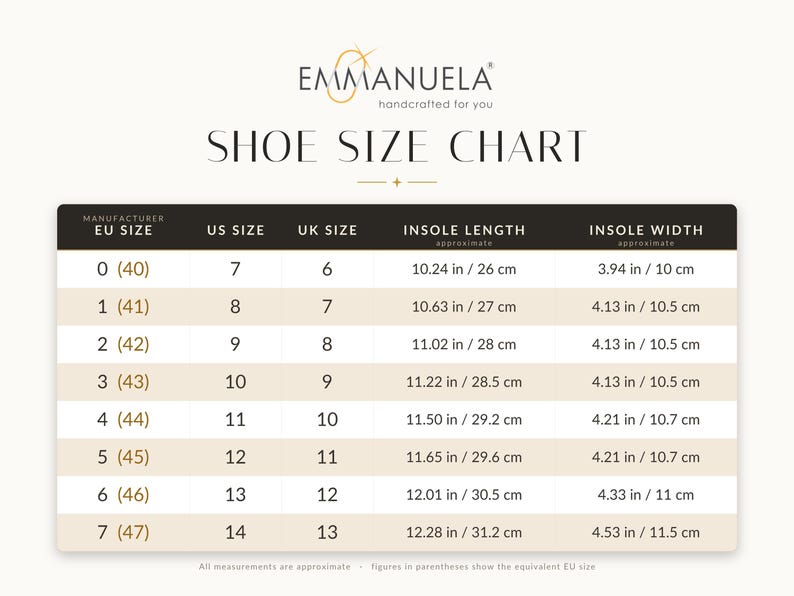 May include: A shoe size chart with the brand name "Emmanuela" at the top. The chart includes EU, US, and UK sizes, along with insole length in inches and centimeters, and insole width in inches and centimeters. The chart ranges from EU size 0 (US size 7) to EU size 7 (US size 14).