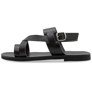 May include: Black leather sandals with a buckle closure and a criss-cross strap design.