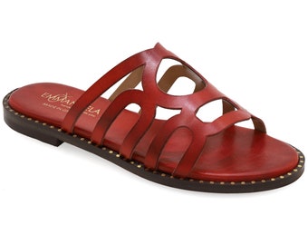 Sandalias planas de piel roja: sandalias de verano estilo griego con plantilla acolchada.