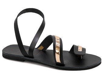 Greek Leather Strappy Sandals: Rose Gold Toe Ring Slingback
