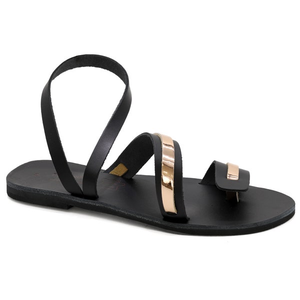 Greek Leather Strappy Sandals High Quality Shiny Rose Gold Dressy Sandals Toe Ring Summer Shoes Black Slingback Flat Sandals for Women