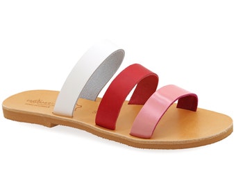 Vita Röda Rosa Lädersandaler Eleganta Grekiska Öppen Tå Sandaler Med Rem Platta Sandaler Slidesandaler Dam Eleganta Sommarskor Slider Slides Mules