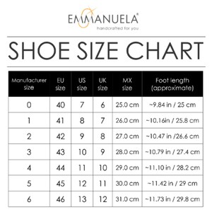 May include: Shoe size chart with columns for manufacturer size, EU size, US size, UK size, MX size, and foot length in inches and centimeters. The chart shows sizes 0 through 6, with corresponding measurements in each column.