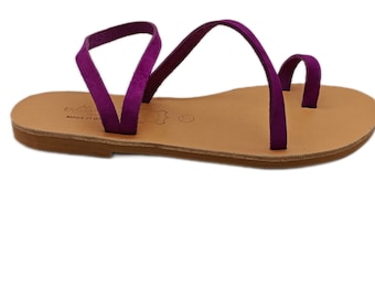 Ancient Greek Leather Sandals: Dark Magenta Suede Strappy Toe Ring Flats