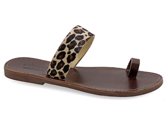Leopard Skin Brown Leather Toe Ring Sandals Dressy Slides Summer Shoes Women Open Toe Sliders Flat Strappy Sandals Animal Print Sandals