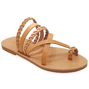 Greek Style Sandals with braided parts Quality Leather Toe Ring Flat Sandals Slide on Natural Summer Shoes for Women Boho Slider Sandals